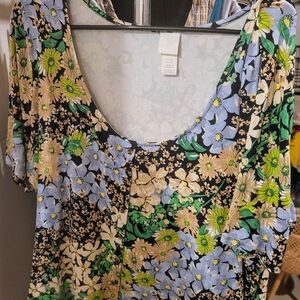 H&M Blue and Yellow Ruffled Short Sleeve Blouse